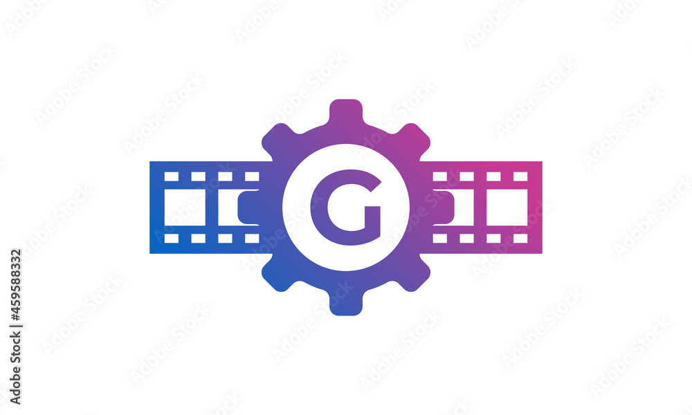 Initial Letter G Gear Cog Wheel with Reel Stripes Filmstrip for Film Movie Cinema Production Studio Logo Inspiration Initial Letter G Gear Cog Wheel with Reel Stripes Filmstrip for Film Movie Cinema Production Studio Logo Inspiration