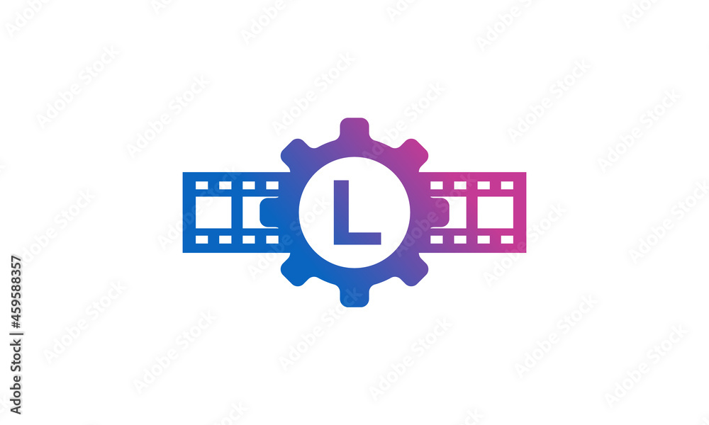 Obraz premium Initial Letter L Gear Cog Wheel with Reel Stripes Filmstrip for Film Movie Cinema Production Studio Logo Inspiration
