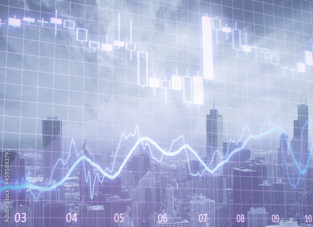 graph index stock market and indicator on business city background.  finance and investment concept.