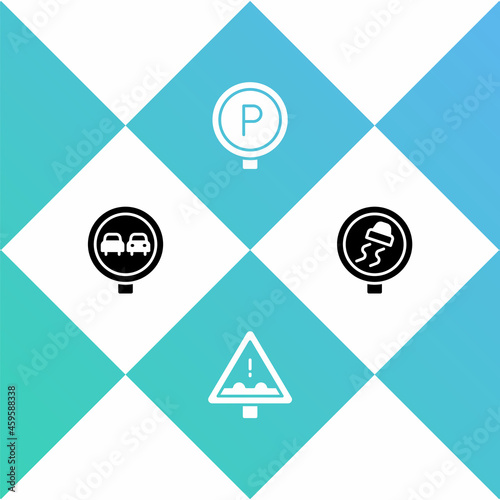 Set No overtaking road traffic, Uneven ahead sign, Parking and Slippery icon. Vector