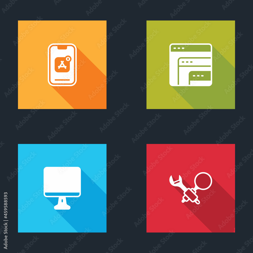 Set Mobile Apps, Software, Computer monitor screen and Debugging icon. Vector Set Mobile Apps, Software, Computer monitor screen and Debugging icon. Vector