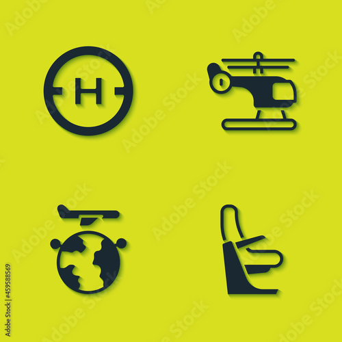 Set Helicopter landing pad, Airplane seat, Globe with flying and icon. Vector