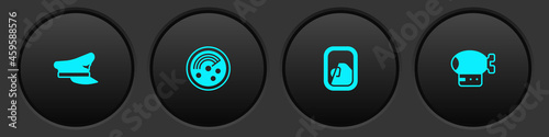 Set Pilot hat, Radar with targets on monitor, Airplane window and Airship icon. Vector