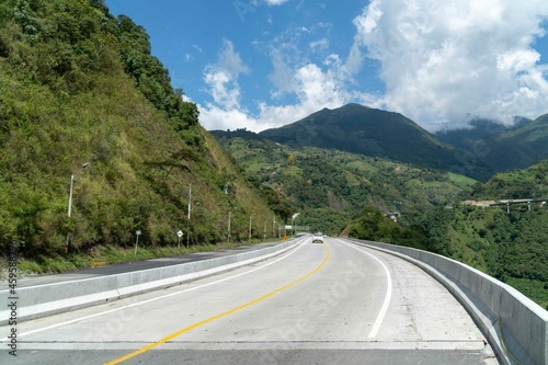 Nature landscape on the road to the sea with mountains and blue sky. Colombia.