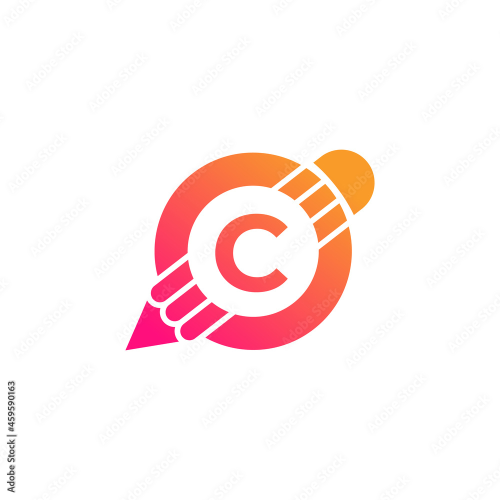 Creative Letter C Pencil with Circle for Education or Art Logo Inspiration Creative Letter C Pencil with Circle for Education or Art Logo Inspiration