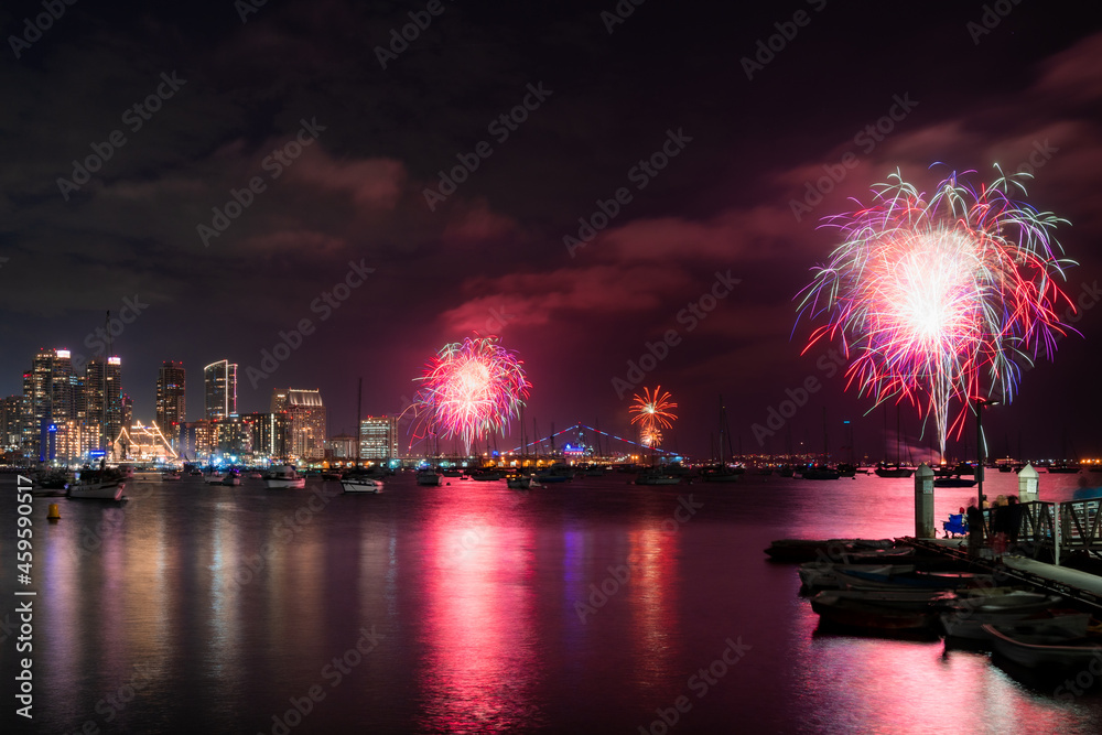 Colorful fourth of July fireworks display during the Big Bay Boom over the bay in San Diego, California 