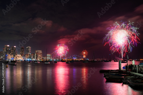 Colorful fourth of July fireworks display during the Big Bay Boom over the bay in San Diego, California 