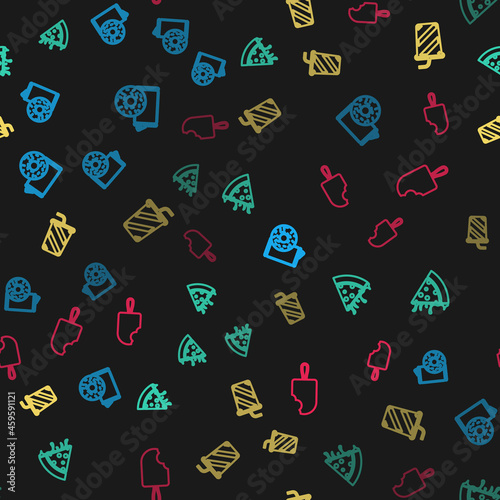 Set line Aluminum can soda and donut, Slice of pizza, Glass with water and Ice cream on seamless pattern. Vector