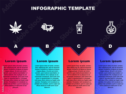 Set line Marijuana or cannabis leaf, Shopping cart with marijuana, Cup coffee and Test tube. Business infographic template. Vector