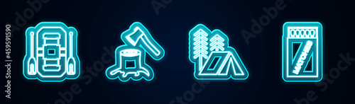 Set line Rafting boat, Wooden axe stump, Tourist tent and Open matchbox and matches. Glowing neon icon. Vector