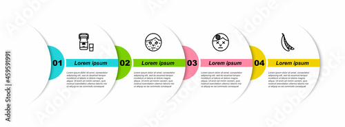 Set line Can container for milk, Face with psoriasis eczema, Man having headache and Kidney beans. Business infographic template. Vector