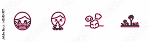 Set line Face in protective mask, Dust, Handkerchief to his runny nose and Mold icon. Vector