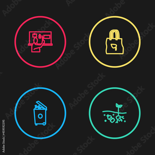 Set line Trash can, Problem of pollution planet, Shopping bag with recycle and Stop plastic icon. Vector