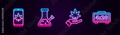 Set line Mobile and marijuana or cannabis, Glass bong for smoking, Marijuana leaf and Digital alarm clock. Glowing neon icon. Vector