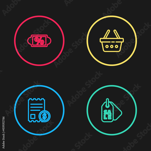 Set line Paper check and financial check, Price tag with Sale, Shopping basket and Discount percent icon. Vector