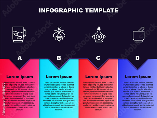 Set line Cup of tea and leaf, Bee, Oil bottle and Mortar pestle. Business infographic template. Vector