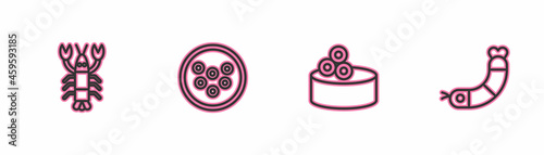Set line Lobster, Tin can with caviar, Caviar on plate and Shrimp icon. Vector