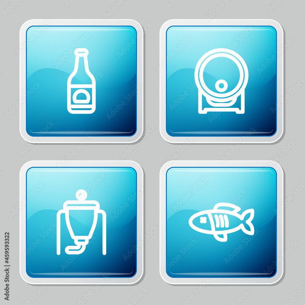 Set line Beer bottle, Wooden barrel on rack, brewing process and Dried fish icon. Vector Set line Beer bottle, Wooden barrel on rack, brewing process and Dried fish icon. Vector
