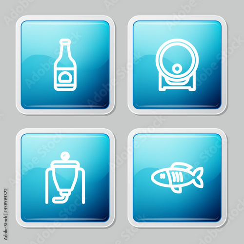 Set line Beer bottle, Wooden barrel on rack, brewing process and Dried fish icon. Vector