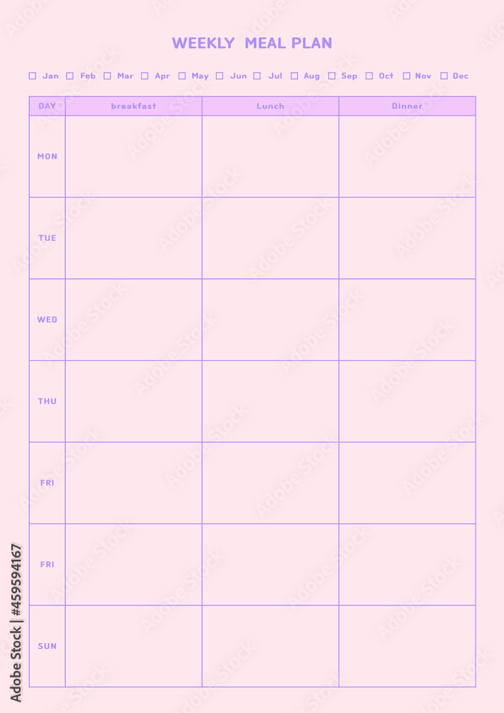 Note, scheduler, diary, planner document template illustration. Weekly meal plan template. Note, scheduler, diary, planner document template illustration. Weekly meal plan template.