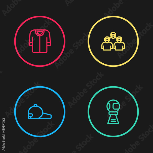 Set line Baseball cap, Award cup with baseball, Team of players and t-shirt icon. Vector