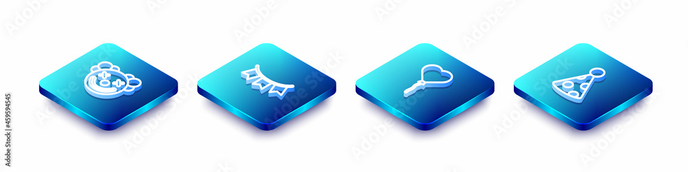 Set Isometric line Clown head, Carnival garland with flags, Balloons in form of heart and Party hat icon. Vector Set Isometric line Clown head, Carnival garland with flags, Balloons in form of heart and Party hat icon. Vector