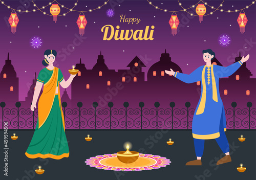Indian People Celebrating Diwali Day Holding Lanterns, lighting Fireworks and Mandala or Rangoli Art With the Background Vector Illustration Festival of Lights