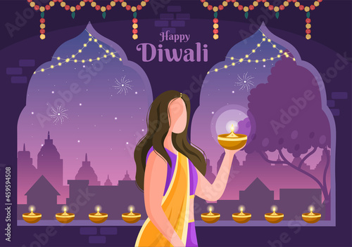 Indian People Celebrating Diwali Day Holding Lanterns, lighting Fireworks and Mandala or Rangoli Art With the Background Vector Illustration Festival of Lights