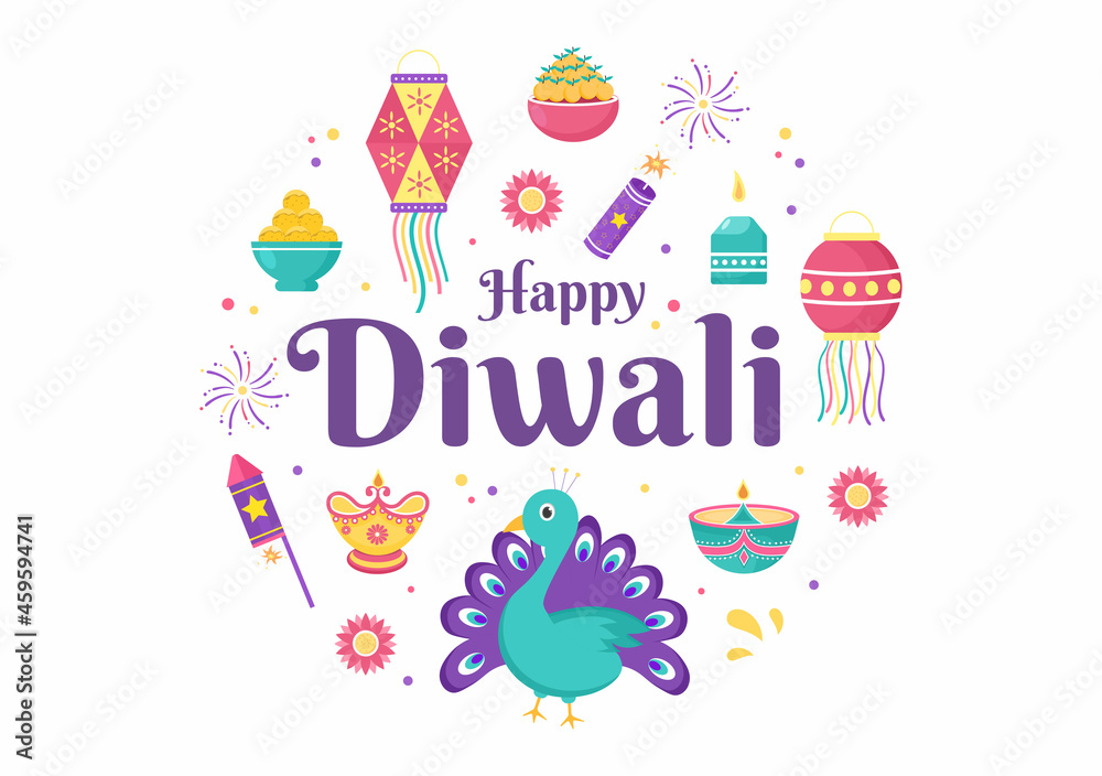 Happy Diwali Hindu Festival Background Vector Illustration with Lanterns, lighting Fireworks, Peacock and Mandala or Rangoli Art For Poster, Greeting Card Template