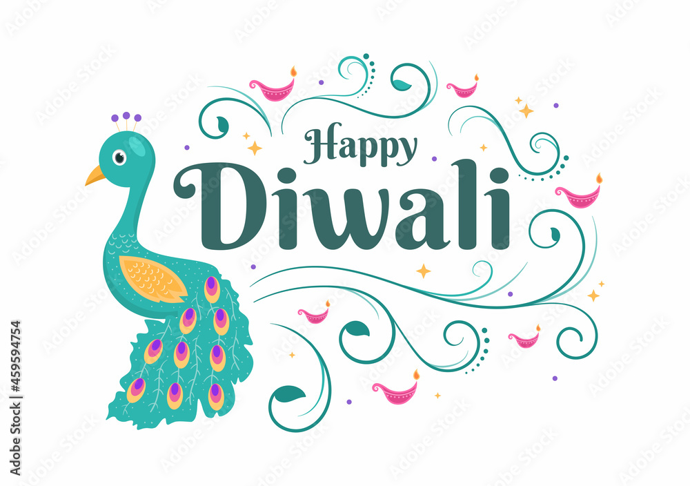Happy Diwali Hindu Festival Background Vector Illustration with Lanterns, lighting Fireworks, Peacock and Mandala or Rangoli Art For Poster, Greeting Card Template Happy Diwali Hindu Festival Background Vector Illustration with Lanterns, lighting Fireworks, Peacock and Mandala or Rangoli Art For Poster, Greeting Card Template