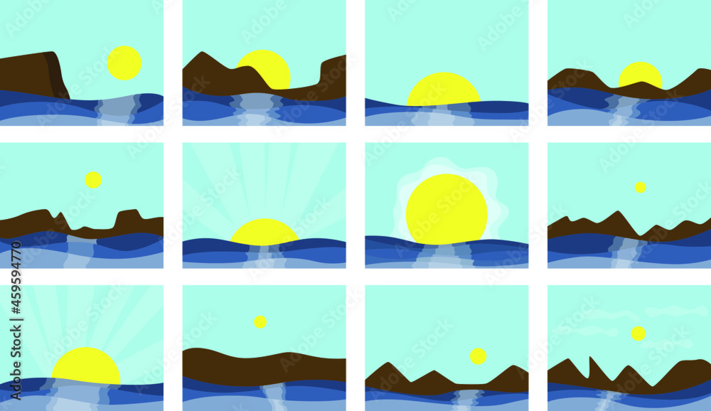 A set of images of the sea with rocks on the background of the clear sky and the sun. Vector illustration.