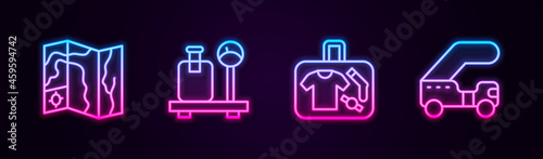Set line World travel map, Scale with suitcase, Suitcase and Passenger ladder. Glowing neon icon. Vector