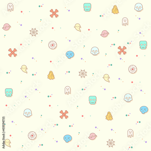 Vector illustration of a Ghost and Halloween. Collection of Skeleton, Eyeball, spook, alien, boo, spirit, phantom, spook and other elements. Isolated on beige.