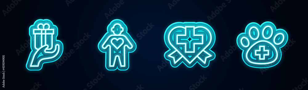 Set line Give gift, Volunteer, Heart with cross and Veterinary clinic. Glowing neon icon. Vector Set line Give gift, Volunteer, Heart with cross and Veterinary clinic. Glowing neon icon. Vector