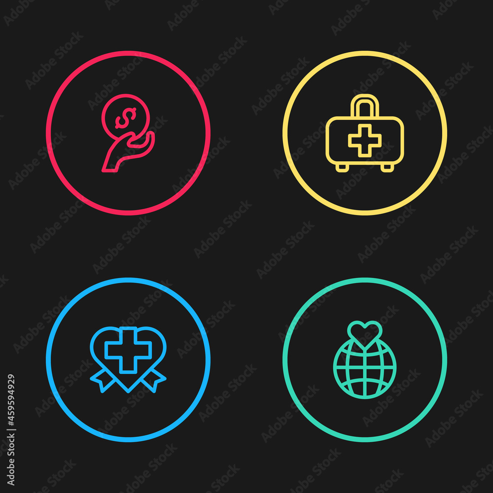 Set line Heart with cross, Hand holding Earth globe, First aid kit and Donation charity icon. Vector Set line Heart with cross, Hand holding Earth globe, First aid kit and Donation charity icon. Vector