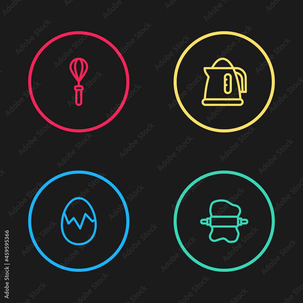 Set line Broken egg, Rolling pin on dough, Electric kettle and Kitchen whisk icon. Vector