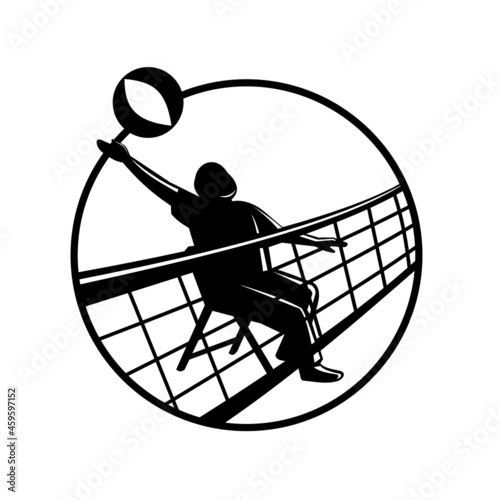 Mascot illustration of senior chair volleyball player spiking the ball over net on isolated white background inside circle in retro black and white style.