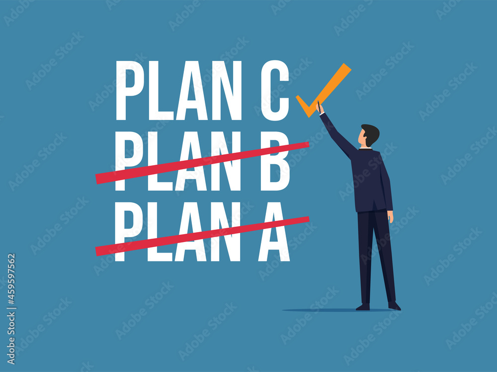 Business plans strategy changing concept, businessman checking list plan C vector illustration Business plans strategy changing concept, businessman checking list plan C vector illustration