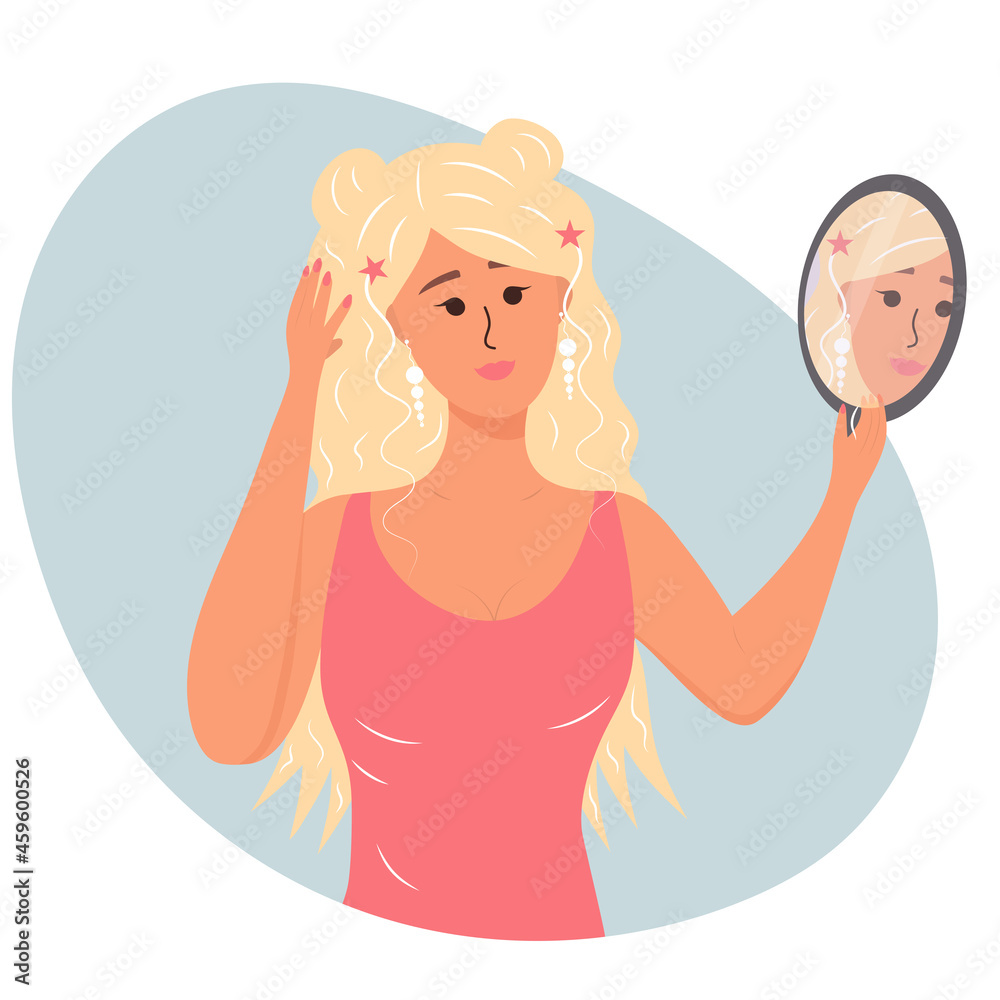 Beautiful woman looks in the mirror and admires herself. Narcissism, selfishness, self love concept. Vector illustration for ego, psychology, reflection concept. Beautiful woman looks in the mirror and admires herself. Narcissism, selfishness, self love concept. Vector illustration for ego, psychology, reflection concept.