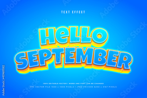 Hello september 3d text effect on blue background