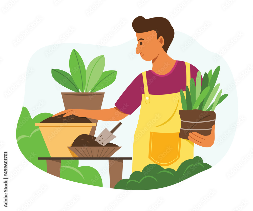 Man Enjoy Gardening Activity with the Plants in the Garden. Man Enjoy Gardening Activity with the Plants in the Garden.