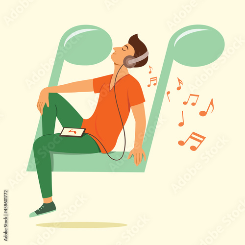 Man Sit on the Big Musical Note Symbol and Listen to a Song from Smart Phone.