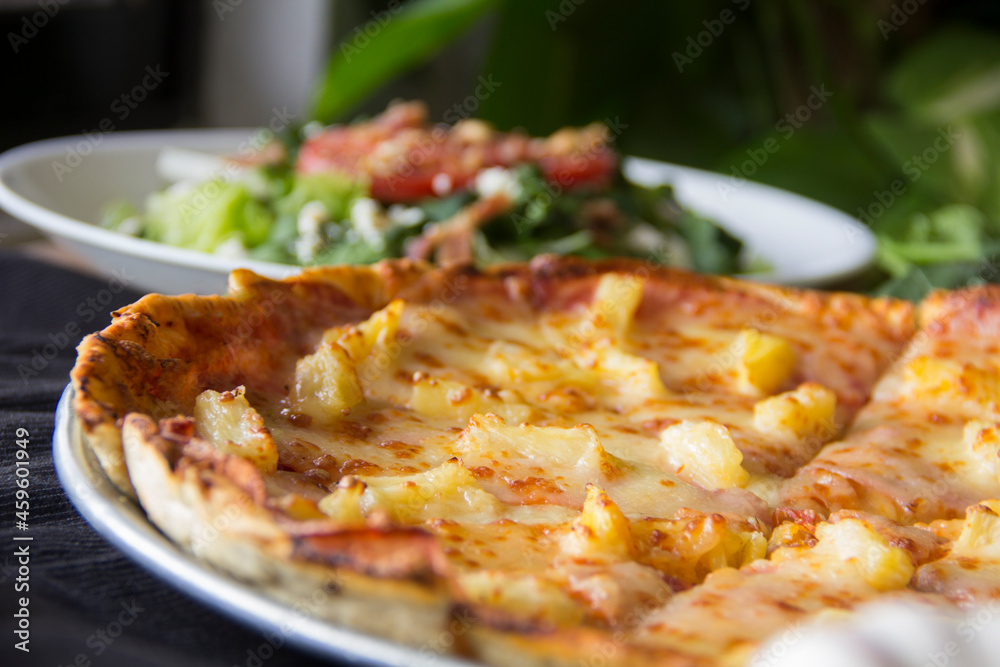 Gourmet Hawuaiian pizza and italian salad Gourmet Hawuaiian pizza and italian salad