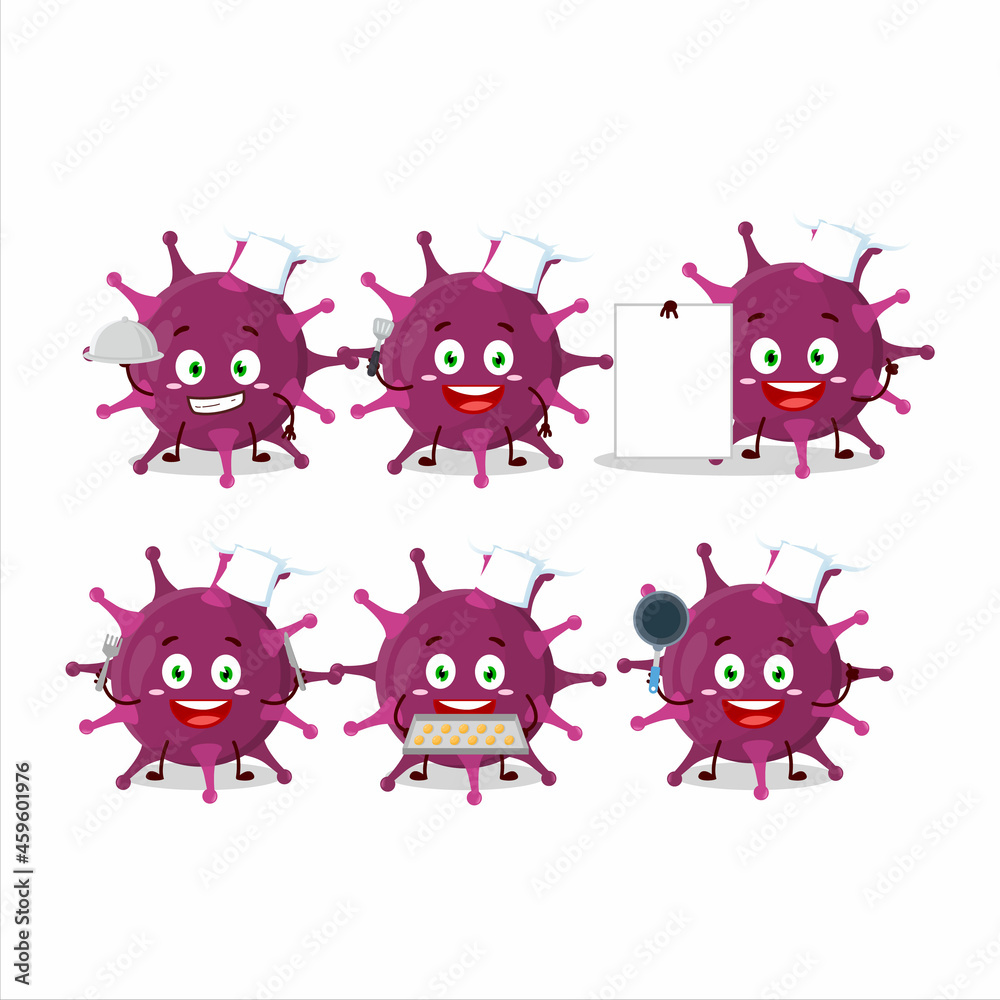 Cartoon character of coronaviridae with various chef emoticons Cartoon character of coronaviridae with various chef emoticons