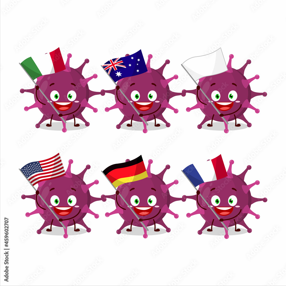 Coronaviridae cartoon character bring the flags of various countries