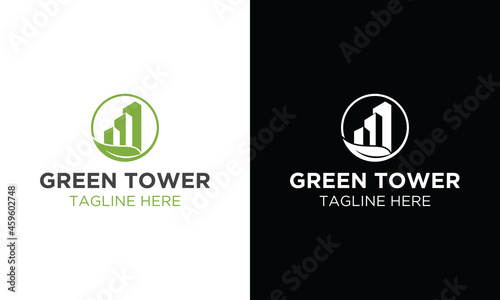 Green leaves with silhouettes of green city buildings. Vector logo template. Abstract design concept for ecology theme, real estate agency, building company, urban landscape, city life.
