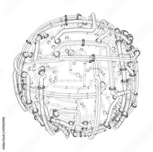 Pipes with flanges around a large sphere. Vector