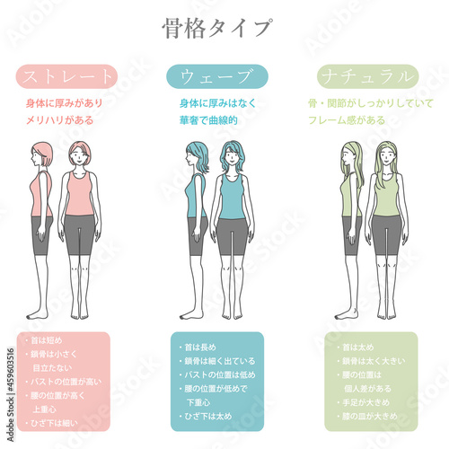 骨格診断　線画イラスト　3タイプ　正面と横向き　