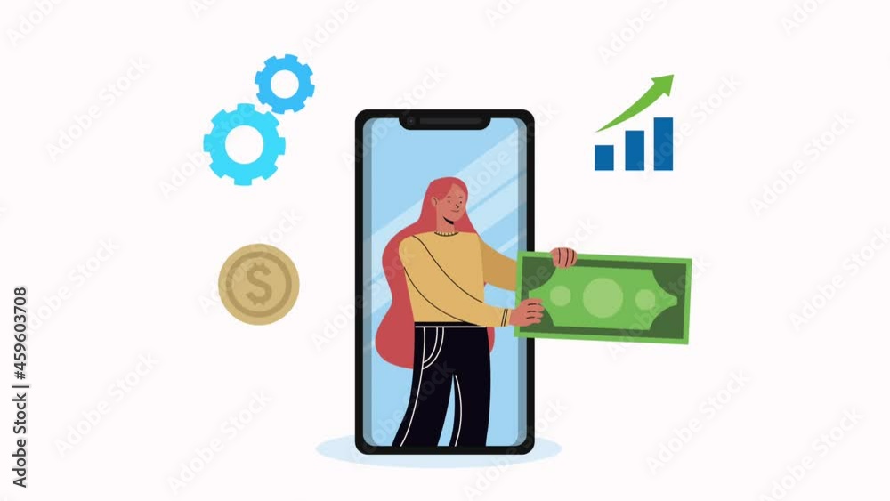 young woman with dollar in smartphone young woman with dollar in smartphone