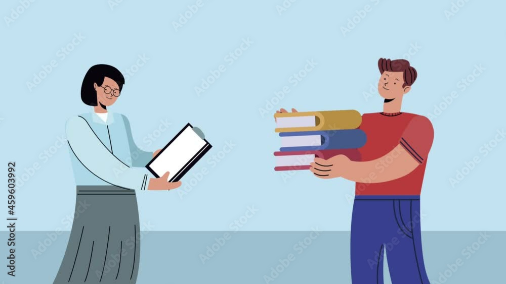 business couple with clipboard and books animation business couple with clipboard and books animation